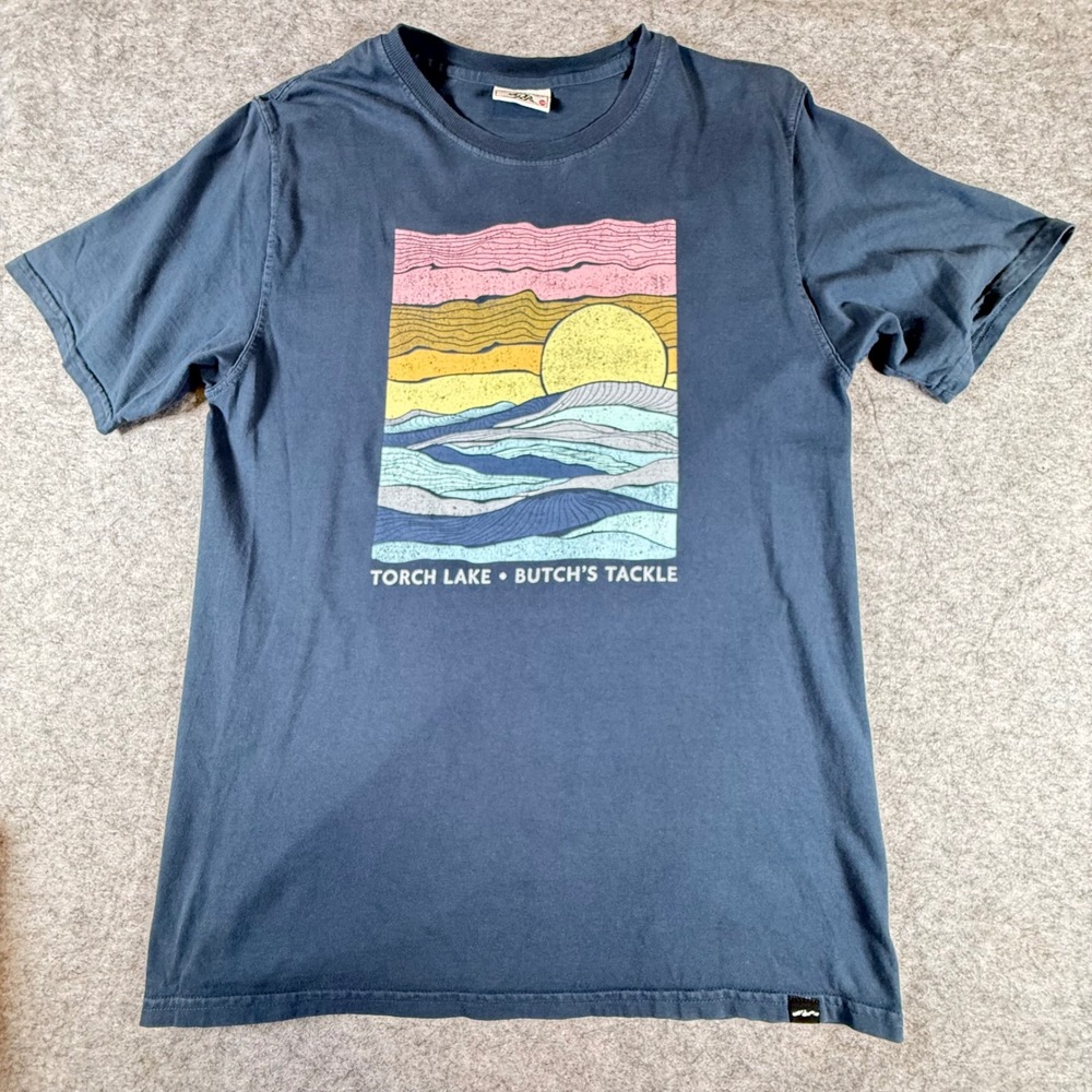 Techstyles Mens Torch Lake Butchs Tackle Sunset Graphic T-Shirt Navy Blue Small